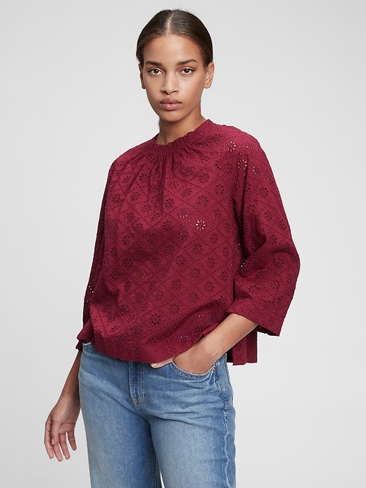View large product image 1 of 1. Eyelet Three-Quarter Sleeve Top