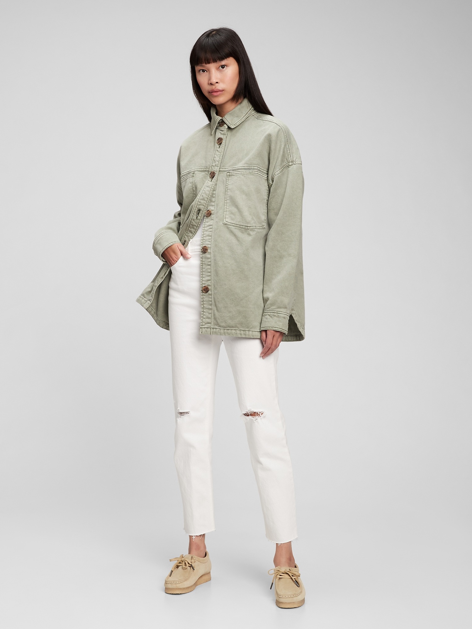 Oversized Khaki Shirt Jacket with 