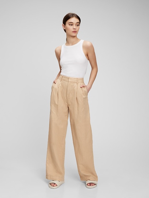 High Rise Linen-Cotton Pleated Wide Leg Pants Gap