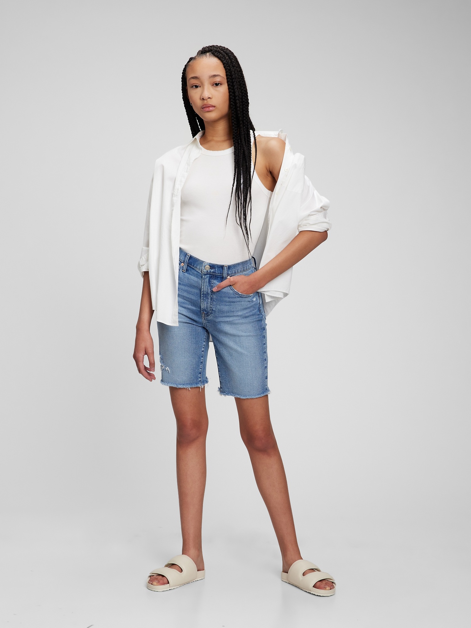 High Rise Denim Bermuda Shorts with 