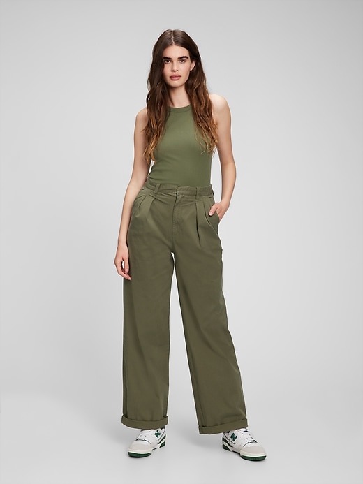 Image number 7 showing, High Rise Pleated Wide-Leg Khakis with Washwell
