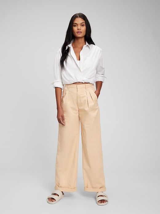 Image number 1 showing, High Rise Pleated Wide-Leg Khakis with Washwell