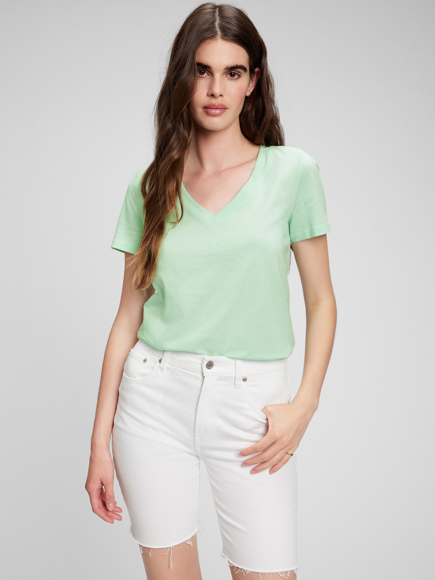 Gap Women's 100% Organic Cotton Vintage V-Neck T-Shirt Brook Green Petite Size XS