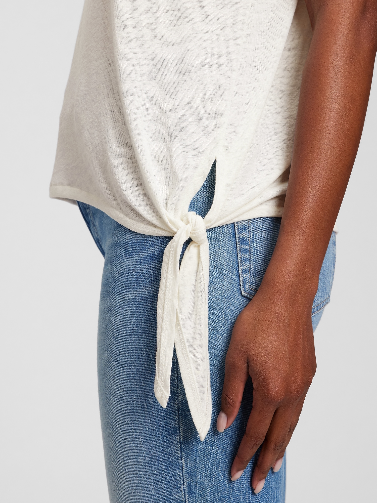 Linen Blend Side Tie Sleeveless T-Shirt