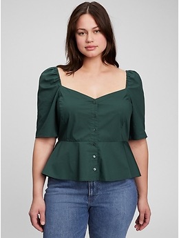 トップス heart button peplum tops ZESICA Women's Tie Front Peplum Tops Long Puff Sleeve Lapel