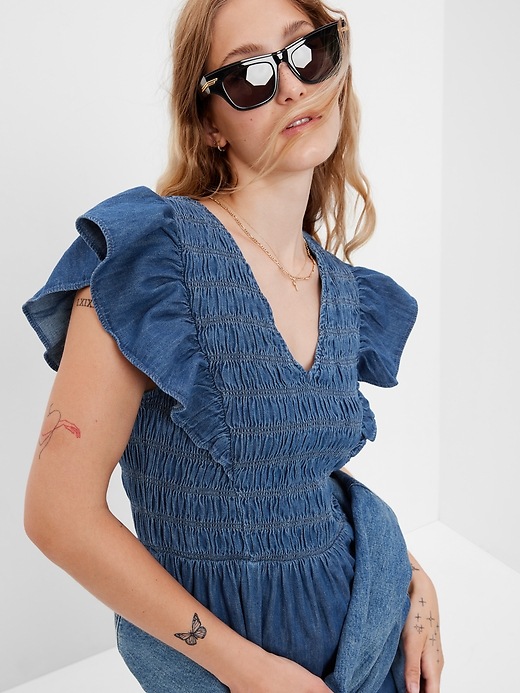 100% Organic Cotton Smocked Flutter Sleeve Denim Midi Dress with Washwell | Gap 100% Organic Cotton Smocked Flutter Sleeve Denim Midi Dress with Washwell | Gap
