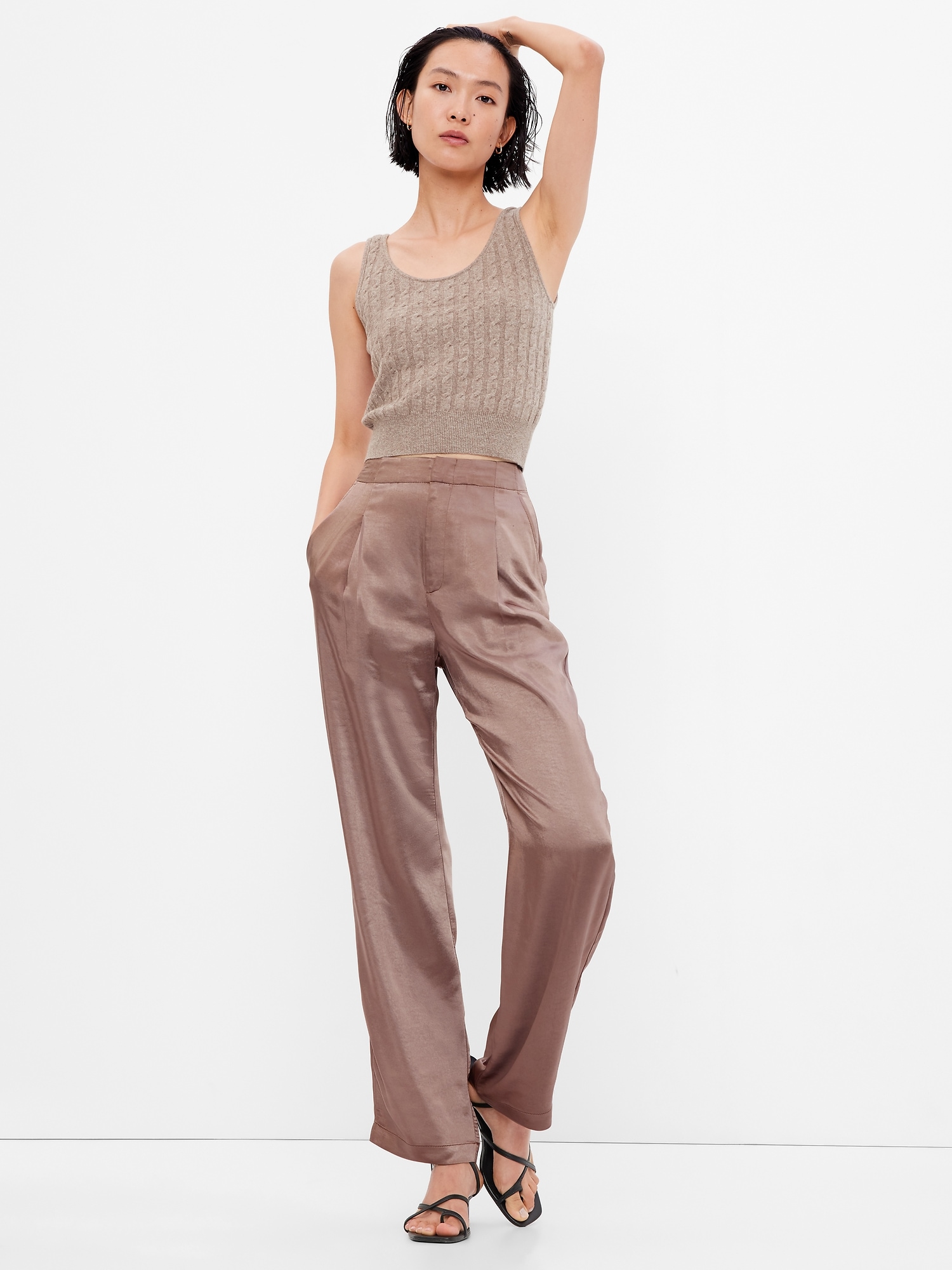 High Rise Pleated Satin Trousers | Gap