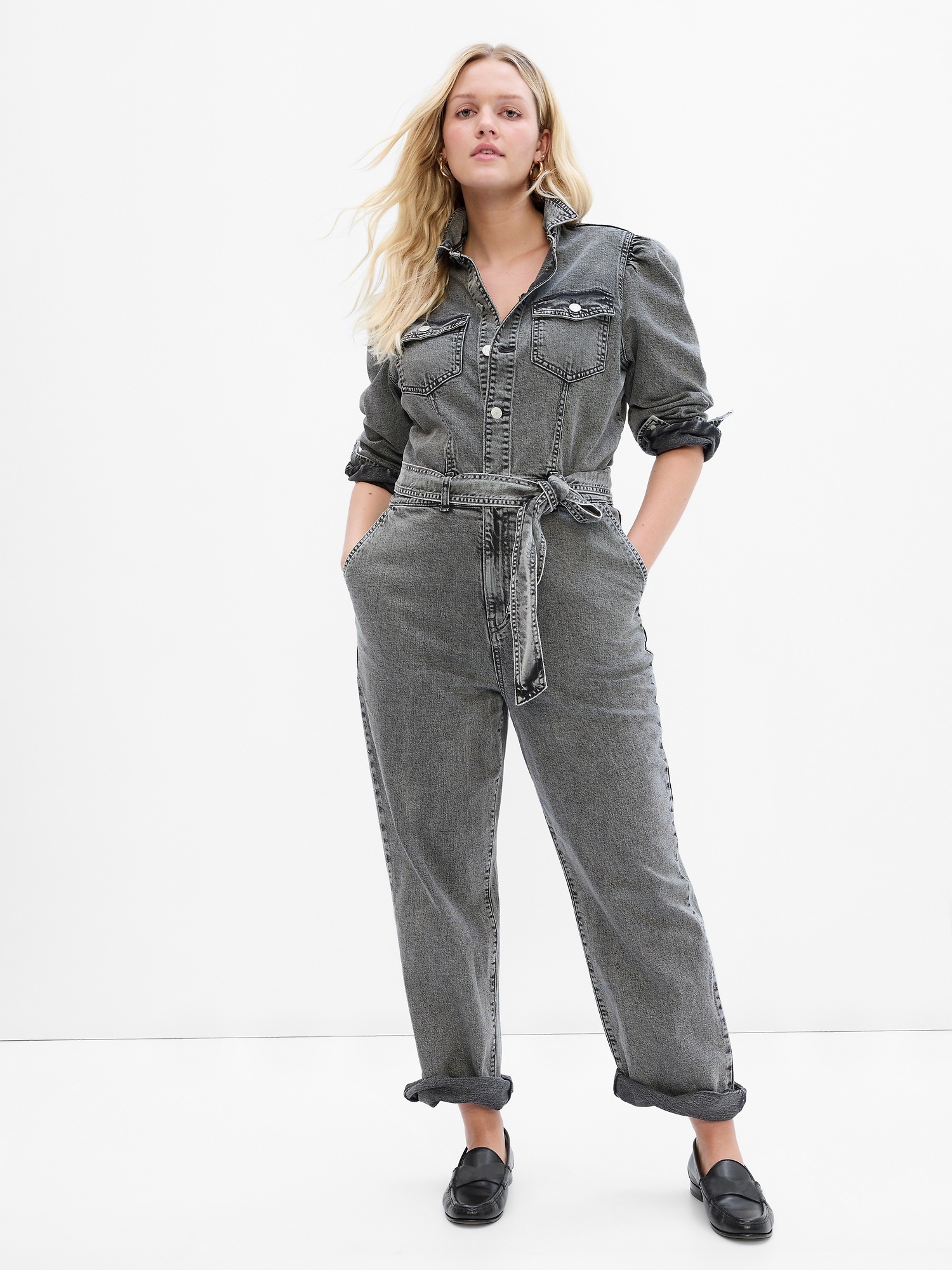 Puff Sleeve Denim Jumpsuit with Washwell Gap