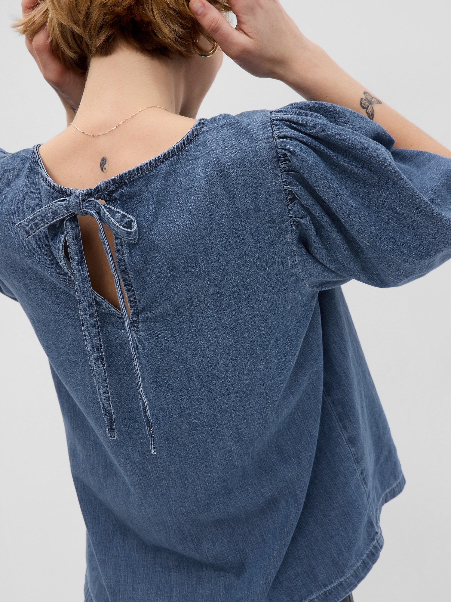 Haut Corset Denim Manches Bouffantes House Of CB - Taille L Bleu - Neuf Avec étiquette - Modèle Papillon