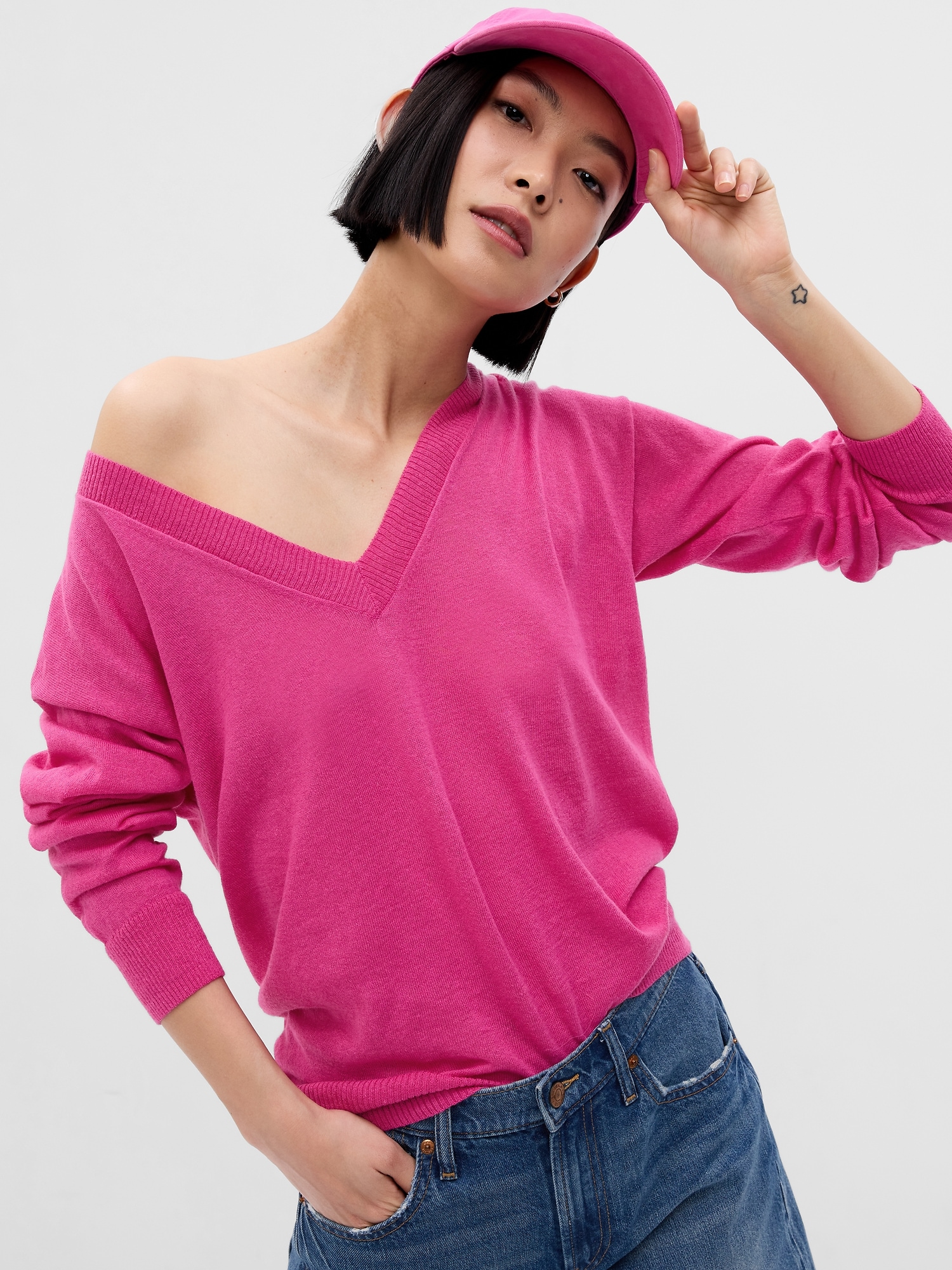 Linen-Blend V-Neck Sweater