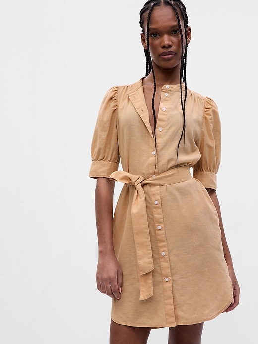 Image number 7 showing, Puff Sleeve Linen-Cotton Shirtdress