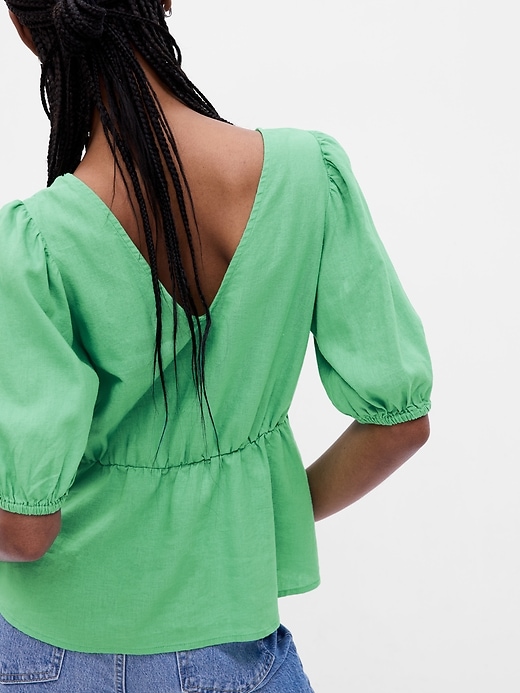 Puff Sleeve LinenBlend Peplum Top Gap