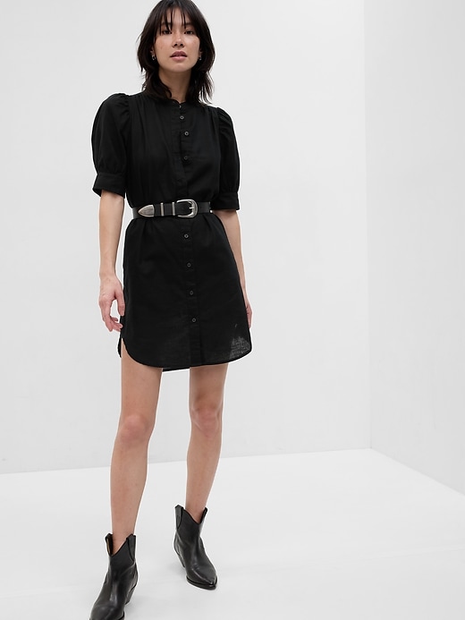 Image number 1 showing, Puff Sleeve Linen-Cotton Shirtdress