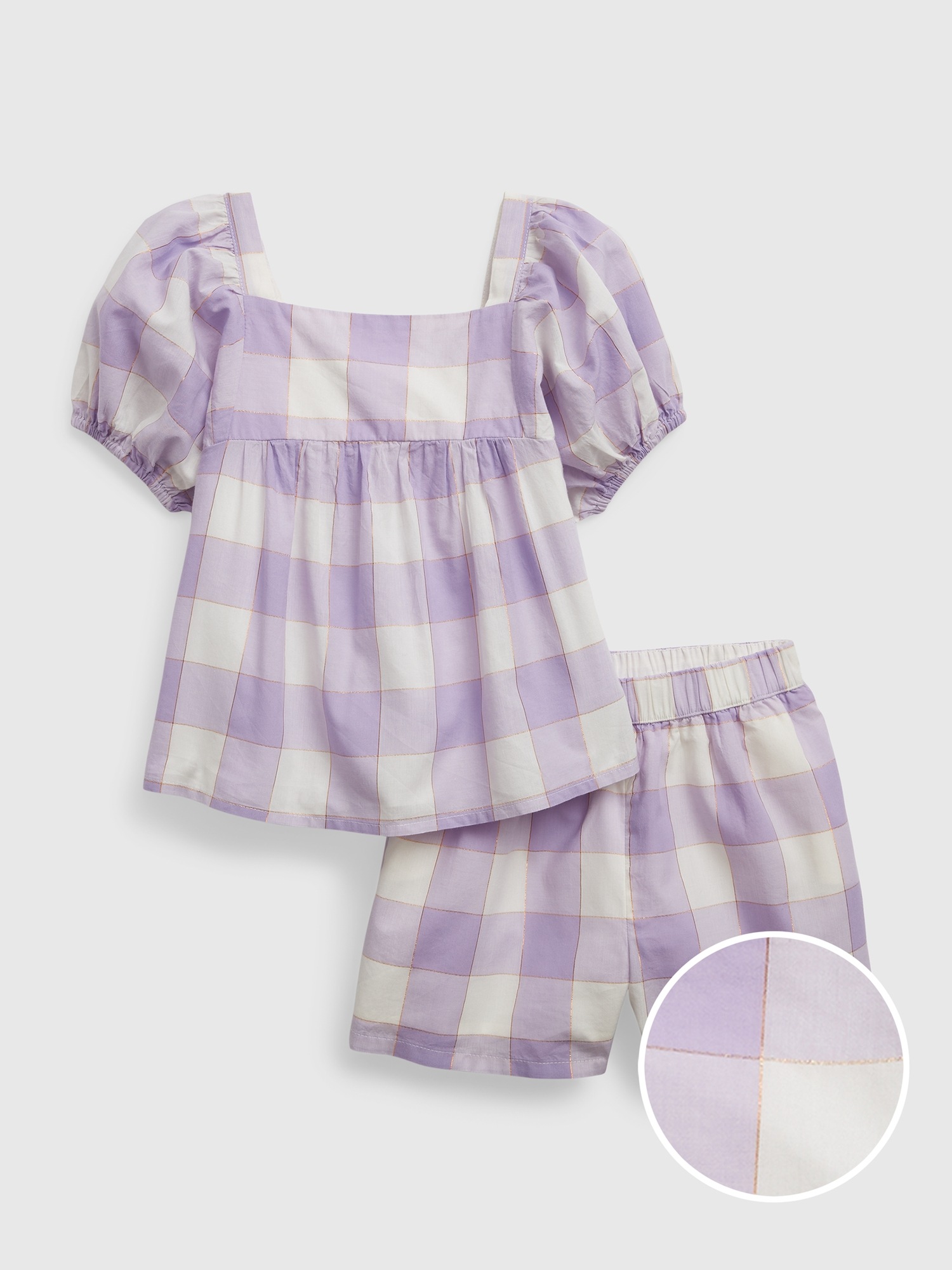 Gap Toddler Shiny Gingham Puff Sleeve Outfit Set purple. 1