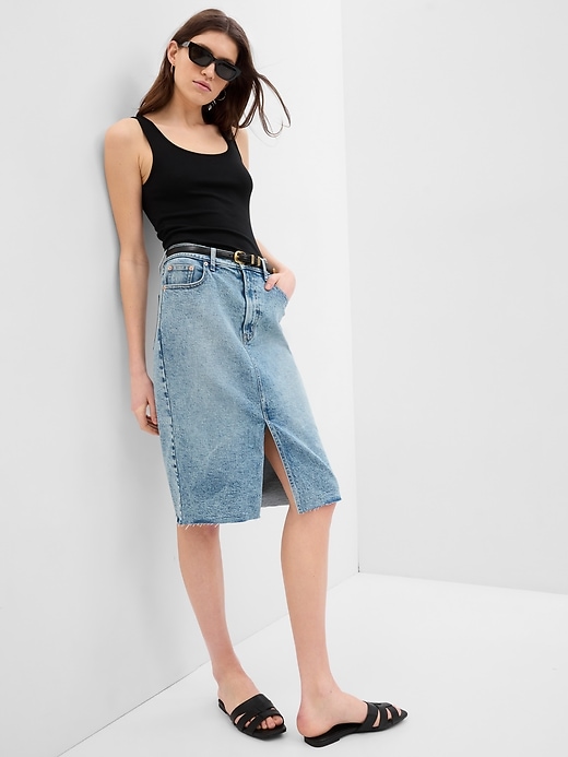 Image number 7 showing, High Rise Pencil Denim Midi Skirt with Washwell