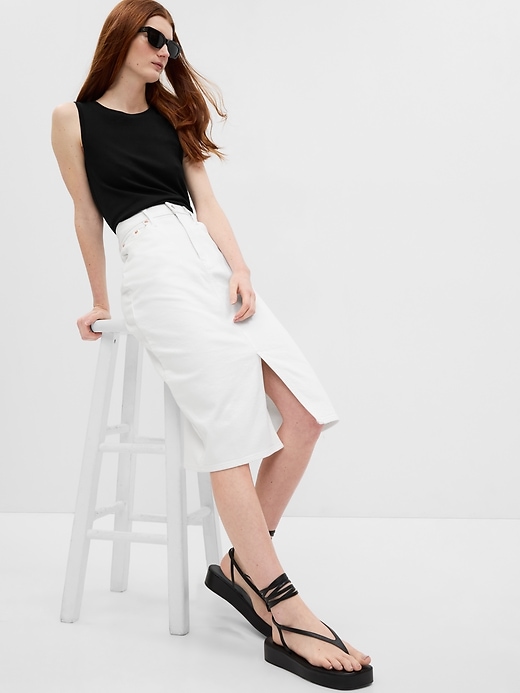 Image number 1 showing, High Rise Pencil Denim Midi Skirt with Washwell
