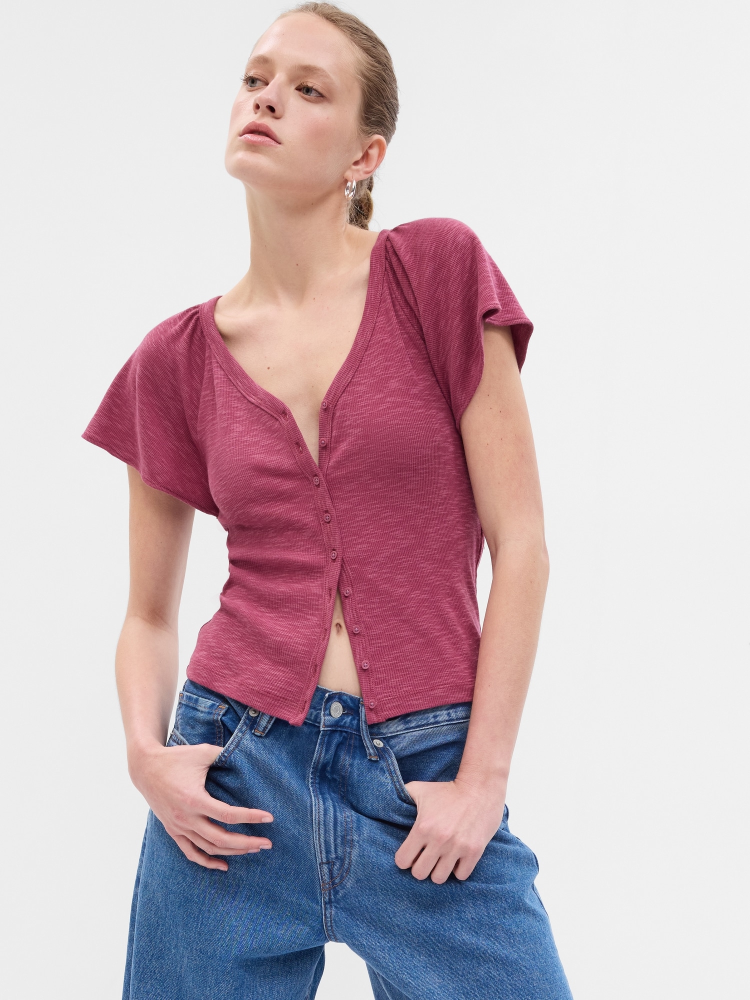 Essential Rib Flutter Sleeve Button-Front Top