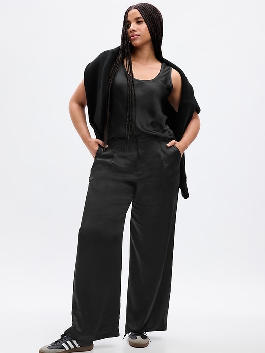 Image number 4 showing, High Rise Pleated Satin Wide-Leg Trousers