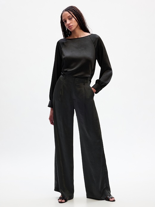 Image number 1 showing, High Rise Pleated Satin Wide-Leg Trousers