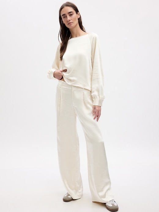 Image number 8 showing, High Rise Pleated Satin Wide-Leg Trousers