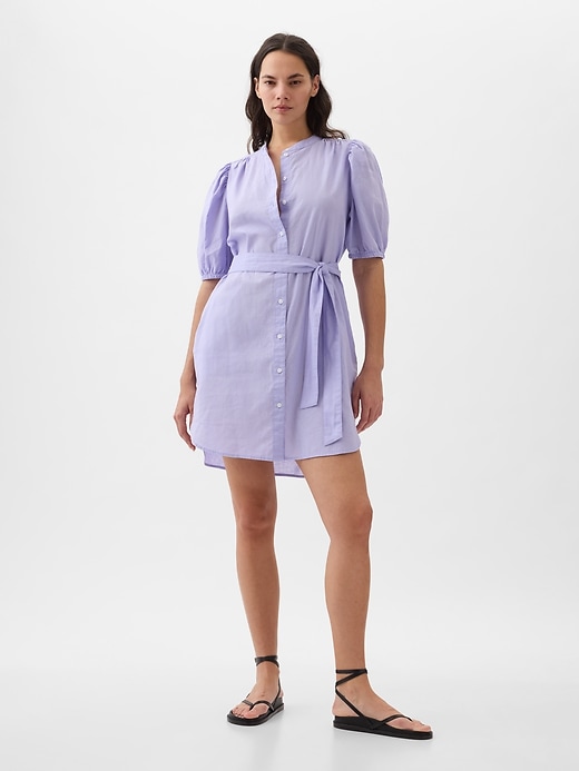 Image number 4 showing, Linen-Cotton Puff Sleeve Mini Shirtdress