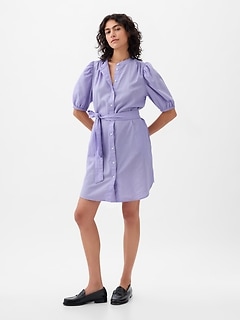 Linen-Cotton Puff Sleeve Mini Shirtdress