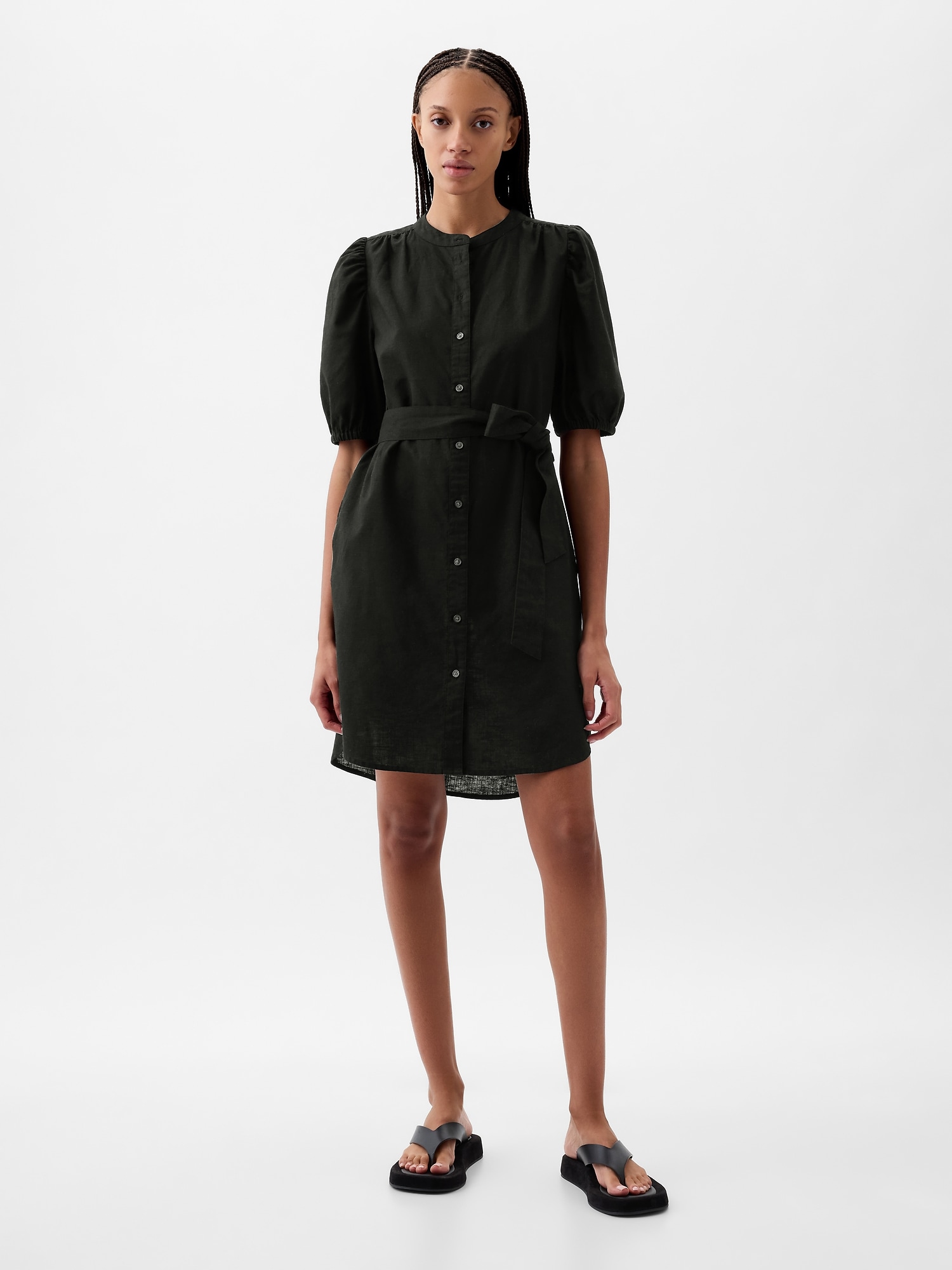 Linen-Cotton Puff Sleeve Mini Shirtdress