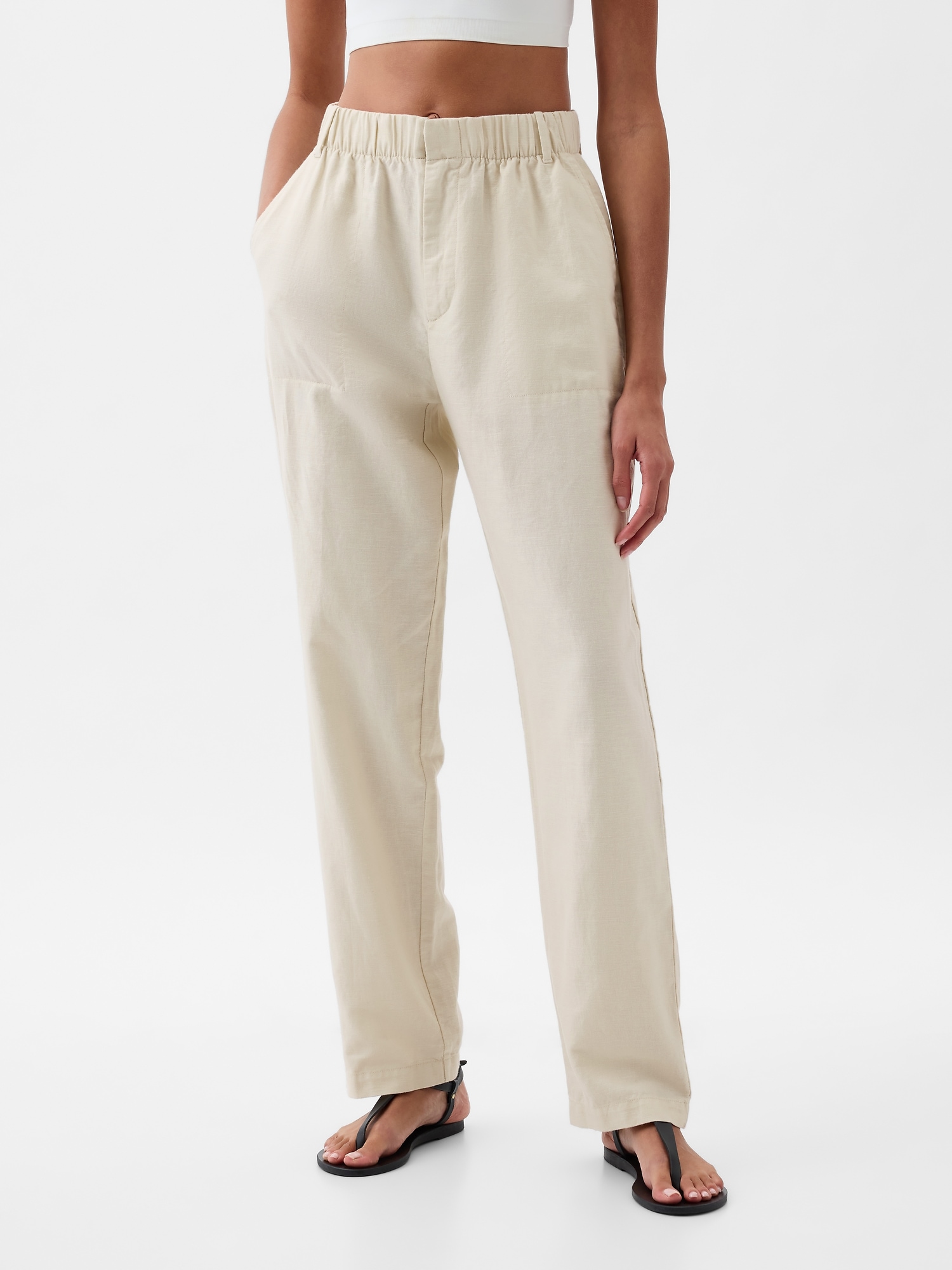 High Rise Linen-Cotton Pull-On Pants