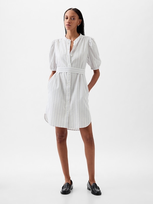 Image number 1 showing, Linen-Cotton Puff-Sleeve Mini Shirtdress