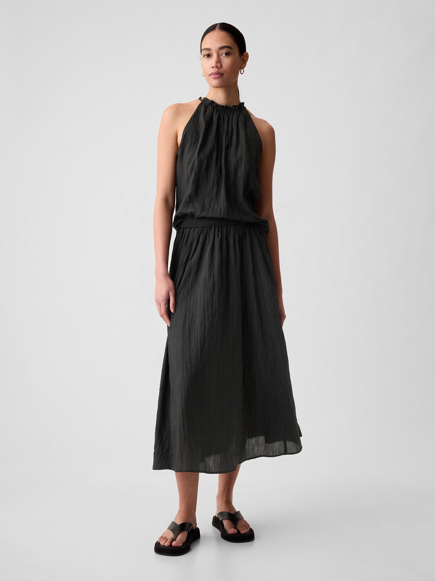 Textured Crinkle Pull-On Midi Skirt