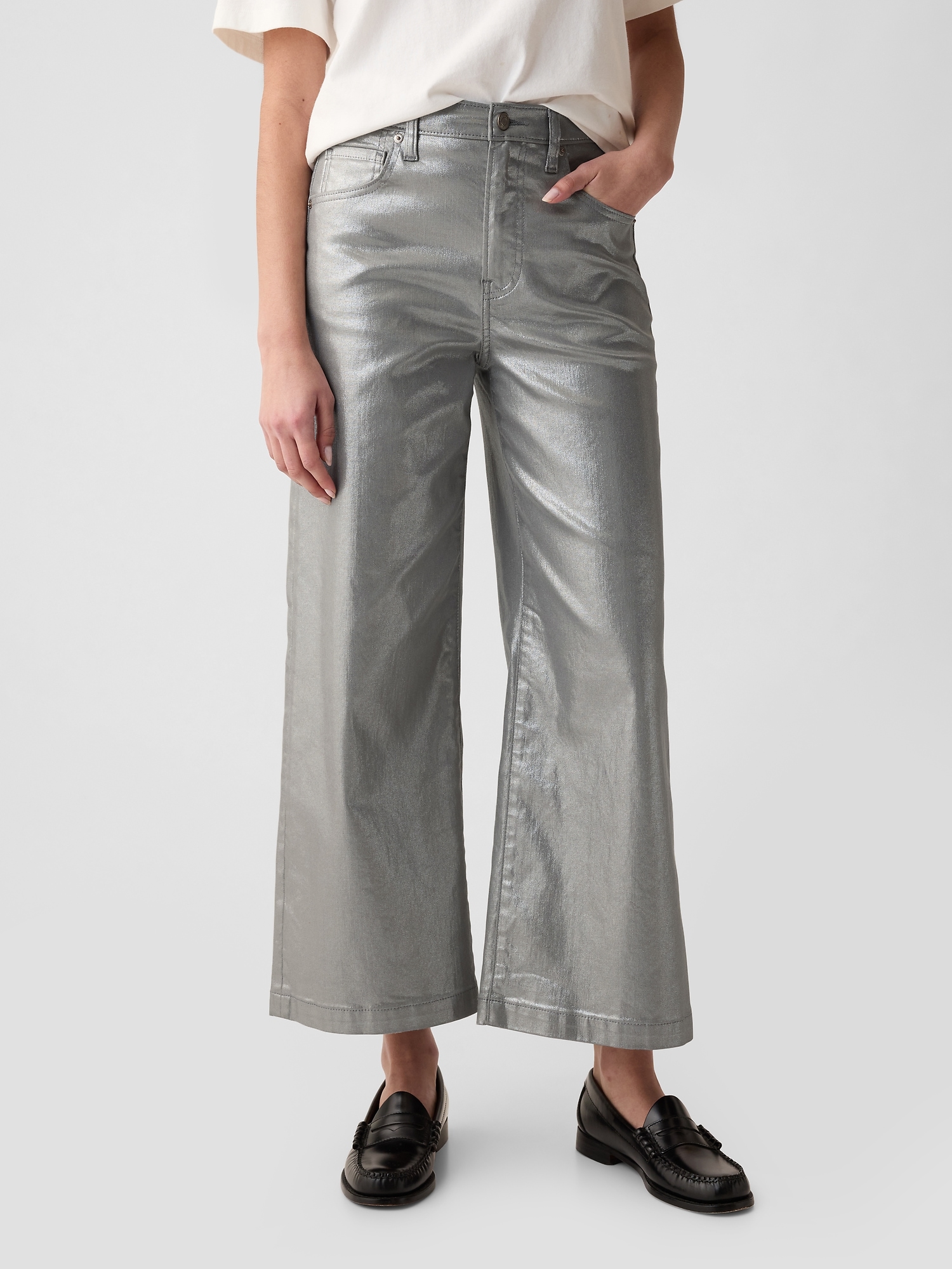 High Rise Stride Metallic Wide-Leg Ankle Jeans