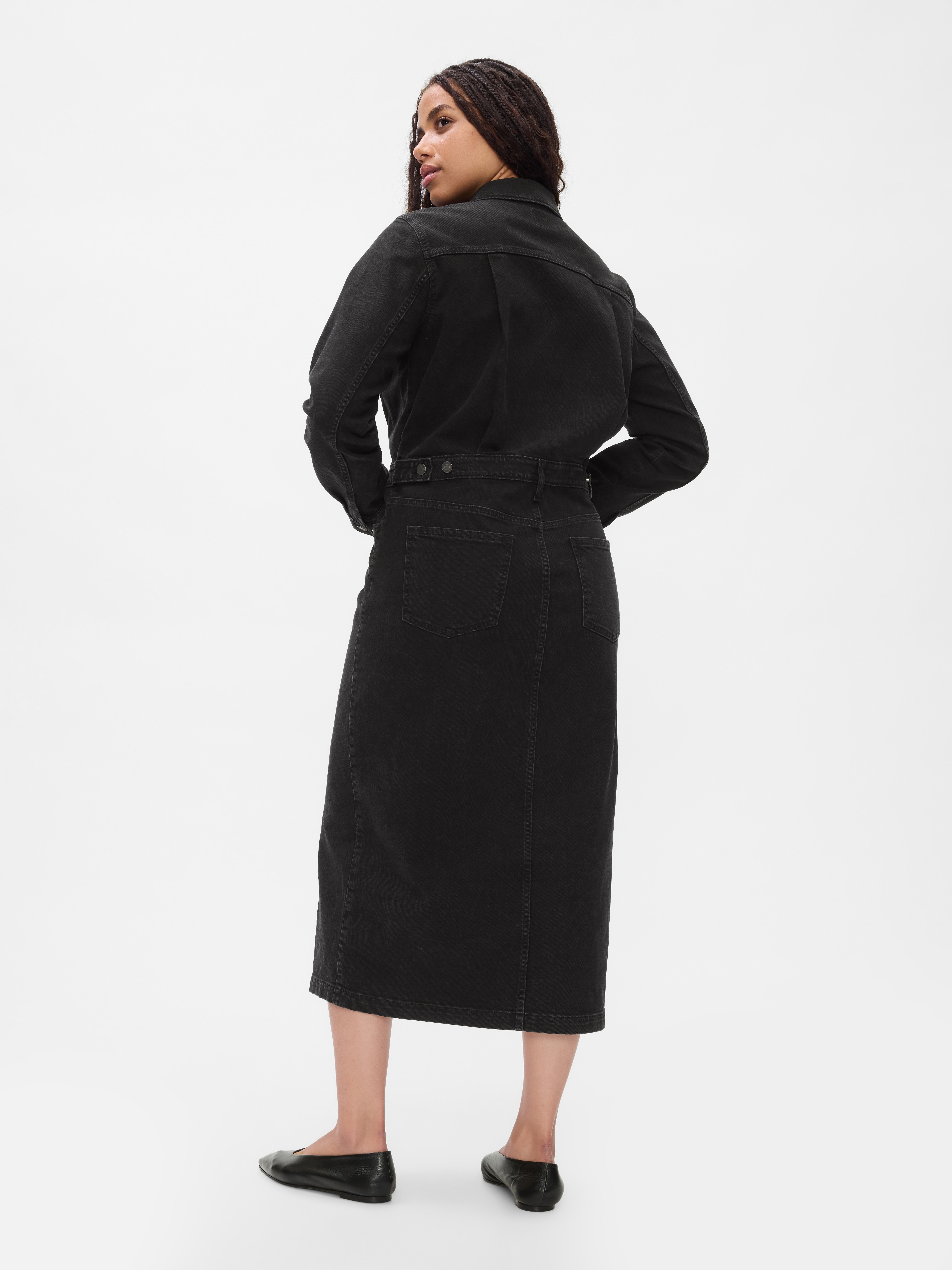 Y's ワイズ THIN DENIM FLAP POCKET DRESS 黒1 Denim A-Line Knee Length Shirt Dress | Dresses & Jumpsuits