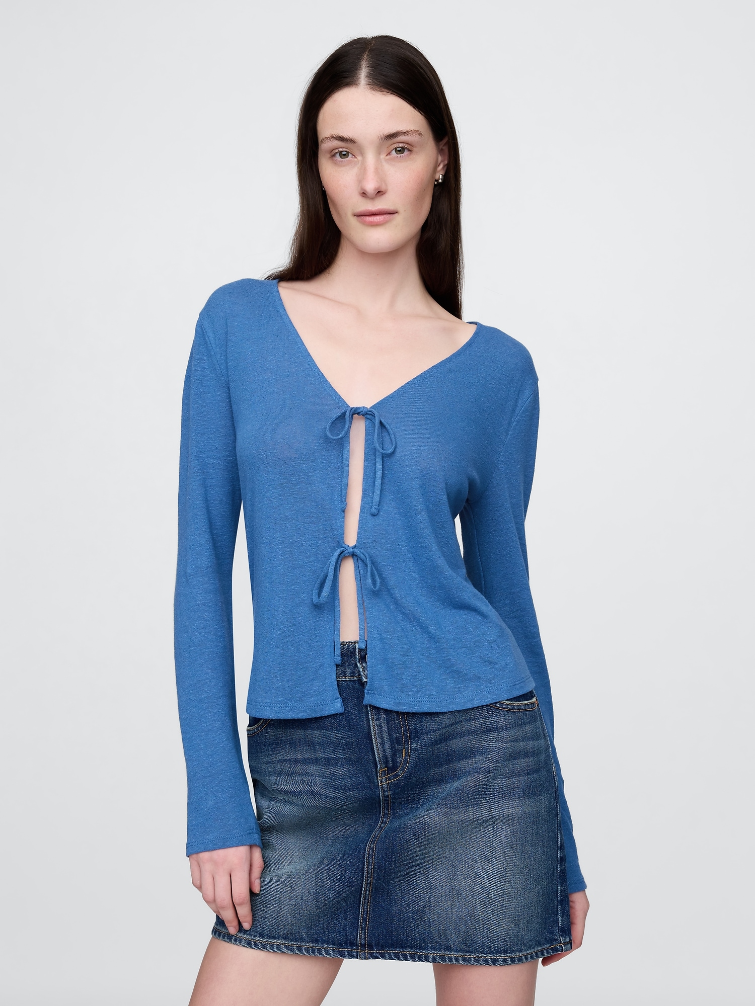 Linen-Blend Tie-Front Cardigan