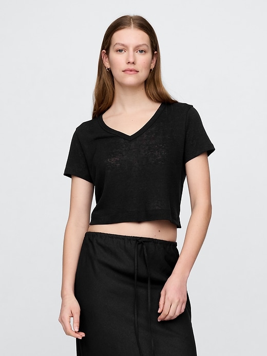 Image number 1 showing, Linen-Blend V-Neck Crop T-Shirt