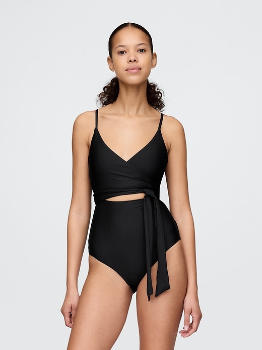 Image number 1 showing, Tie-Knot Cutout Wrap One-Piece Swimsuit