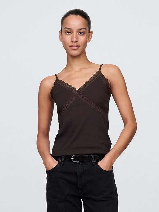 Image number 1 showing, Lace-Trim Waffle-Knit Crop Cami