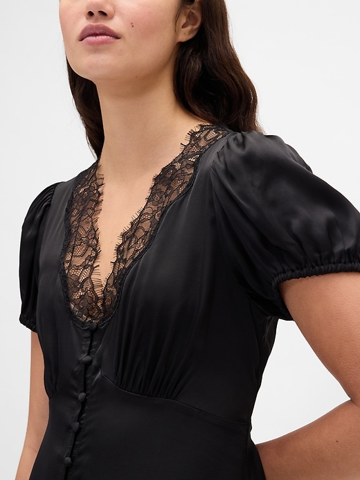 Image number 4 showing, Satin Lace-Trim V-Neck Mini Dress