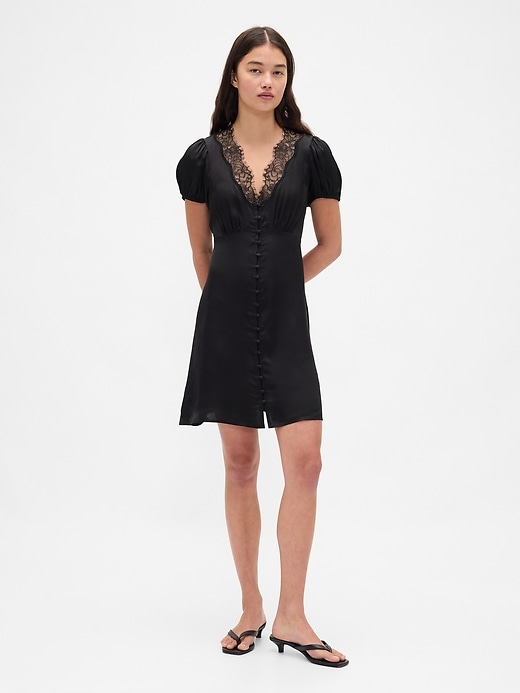 Image number 1 showing, Satin Lace-Trim V-Neck Mini Dress