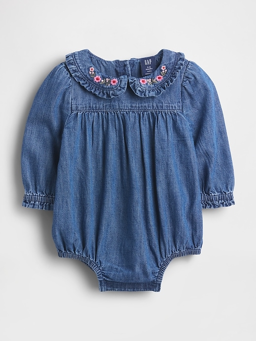 Image number 1 showing, Baby Denim Ruffle Collar Bubble Bodysuit