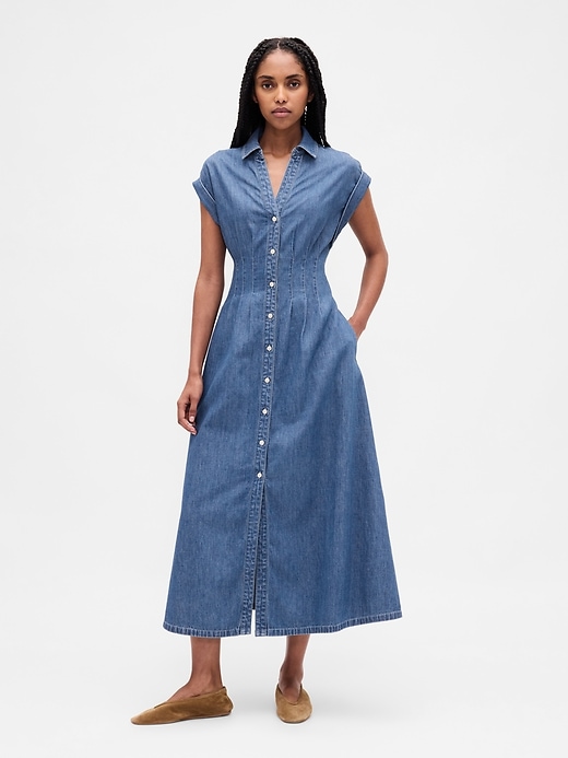 Image number 1 showing, Denim Roll-Cuff Midi Shirtdress