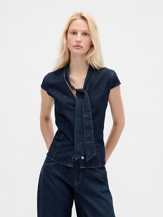 Image number 1 showing, Denim Tie-Neck Top