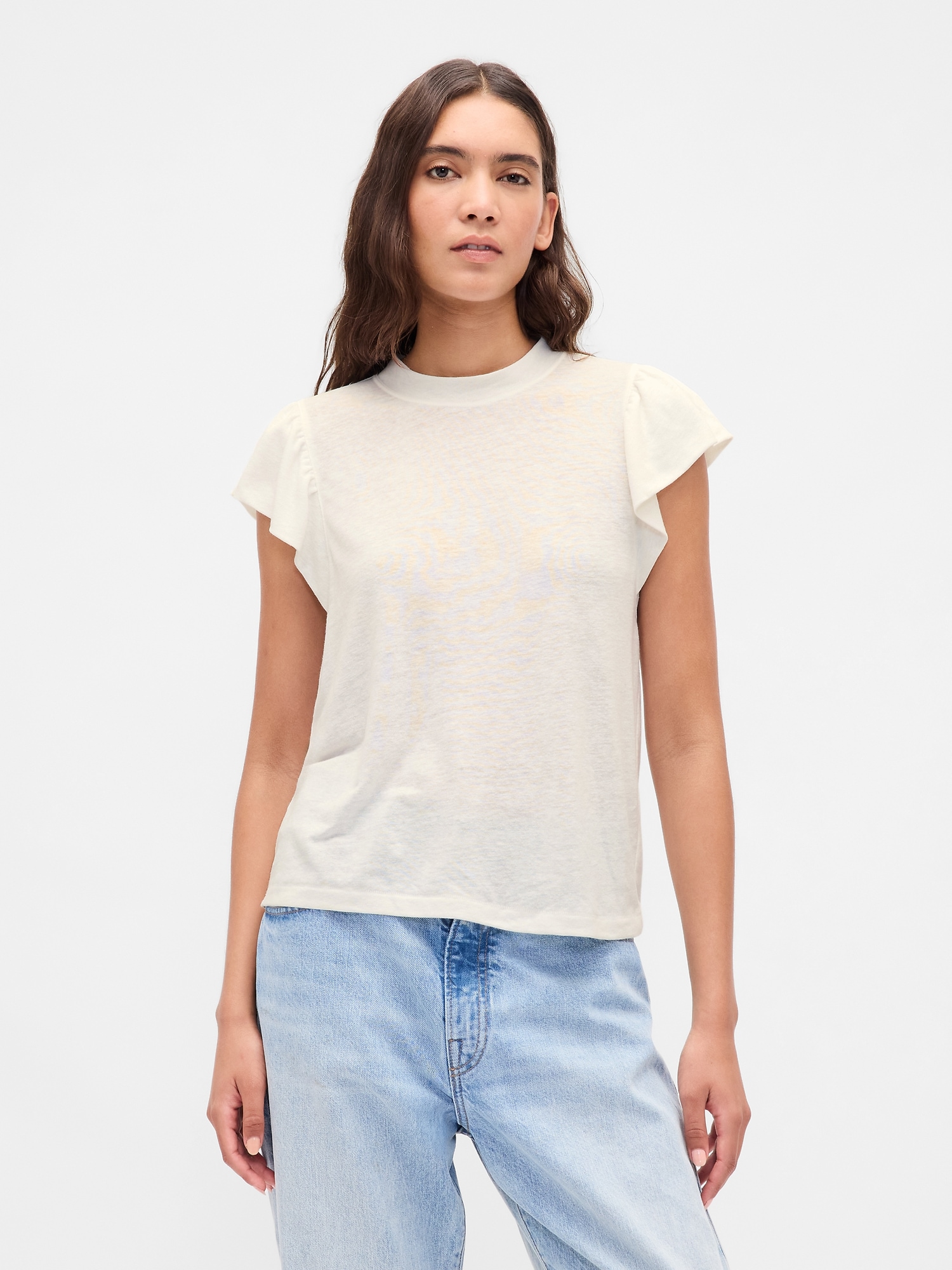 Linen-Blend Flutter-Sleeve T-Shirt