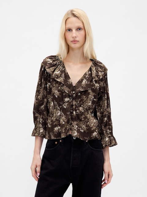 Ruffle Collar V-Neck Top