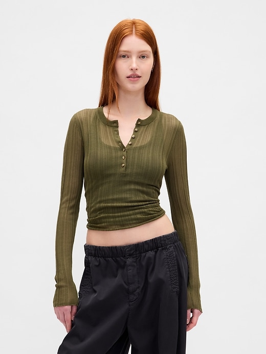 Image number 1 showing, Sheer Rib Henley Sweater