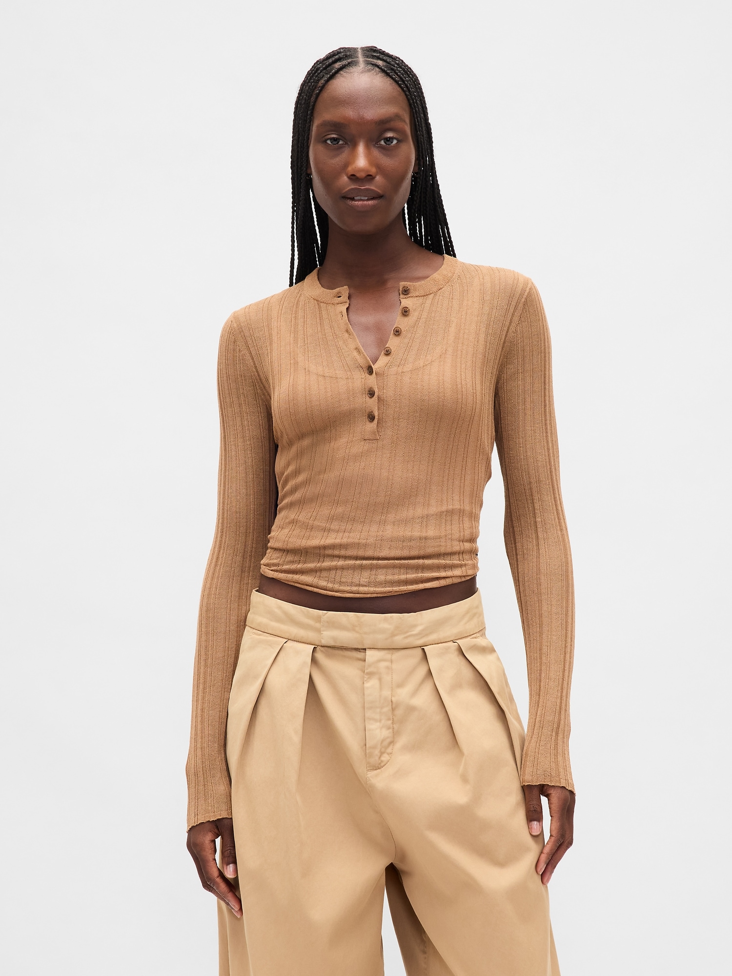 Sheer Rib Henley Sweater