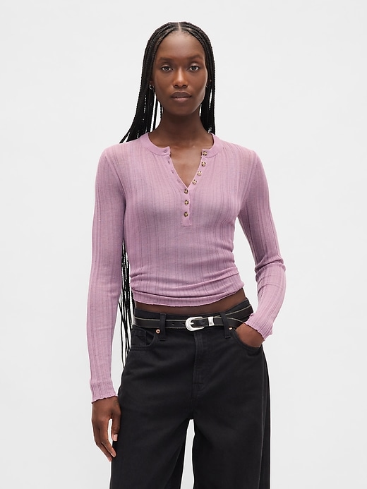 Image number 1 showing, Sheer Rib Henley Sweater