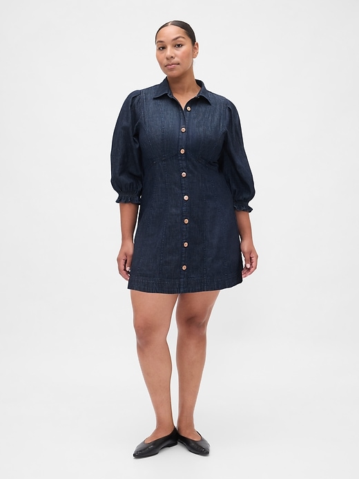 Image number 5 showing, Denim Puff-Sleeve Seamed Mini Dress