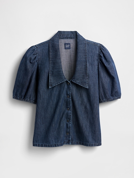L'image numéro 4 présente Chemisier en denim à manches bouffantes
