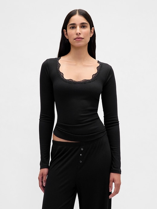 Image number 1 showing, Mini Rib Lace-Trim PJ Top