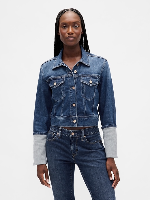 Image number 1 showing, Pin-Cuff Crop Icon Denim Jacket